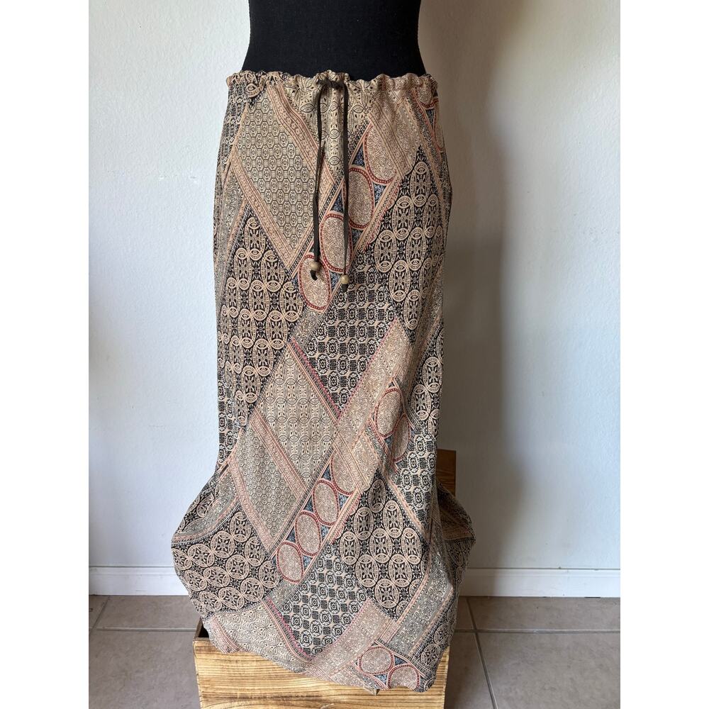 ALFANI VTG M/L 100% Silk Patchwork Geometric Maxi Skirt Earth Tone Y2K Boho